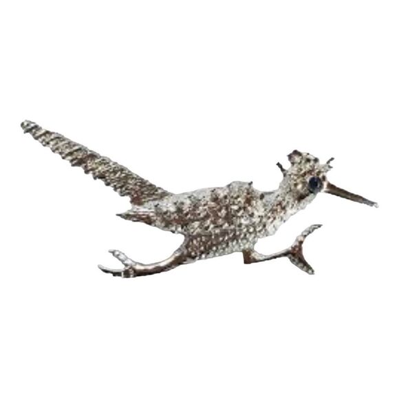 Vintage Silver Desert Roadrunner Bird with Blue Rhinestone Eyes Costume Brooch - Picture 1 of 8